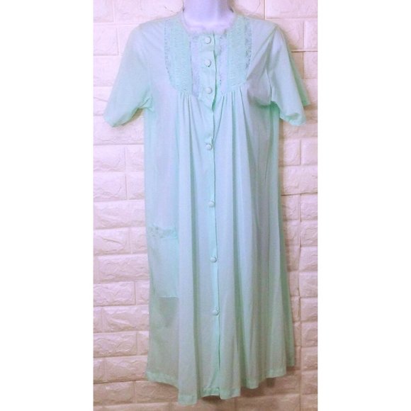 Vintage 80s Danni Dressing Gown Robe -L Pocket Ruched Lace Buttons SSL Nylon - Picture 1 of 8